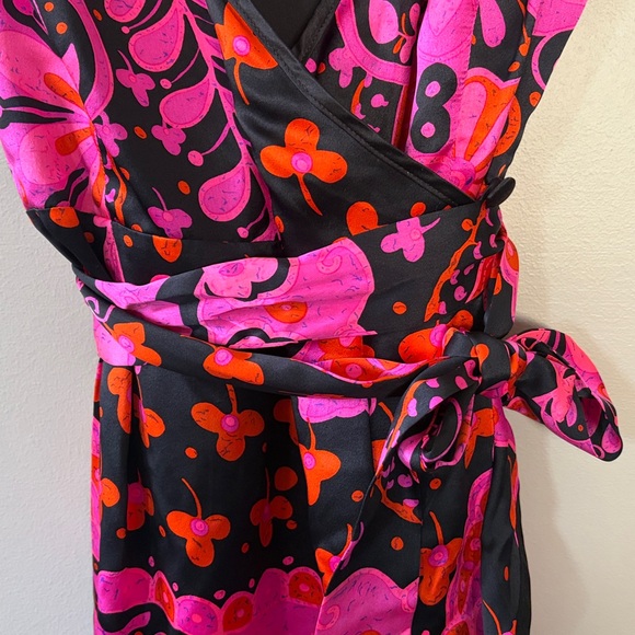 Vintage Betsey Johnson Silk Wrap Dress Size 6 Colorful Pink Black Orange Floral - Picture 4 of 8